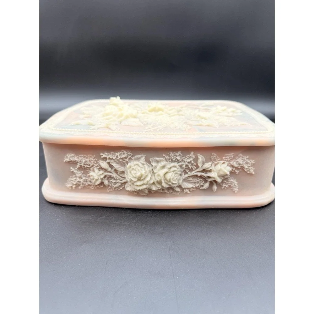 Vintage INCOLAY Pink Stone Flower Bouquet Jewelry Trinket Box